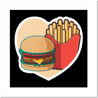 Funny Heart Love Burger French Fries Posters and Art